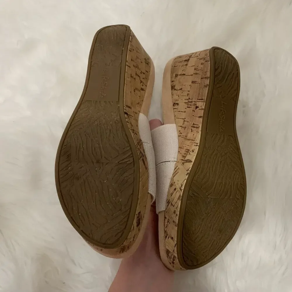 Life Stride Divine Neutral Double Strap Wedge Cork Heel Sandals Size 6